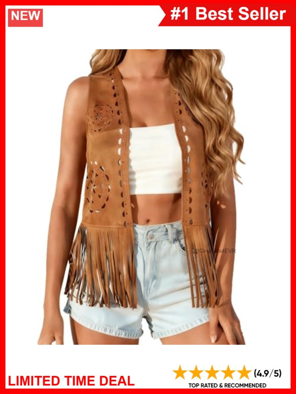 Faux Suede Fringe Vest Open Front Tassel Hippie Layering Cardigan